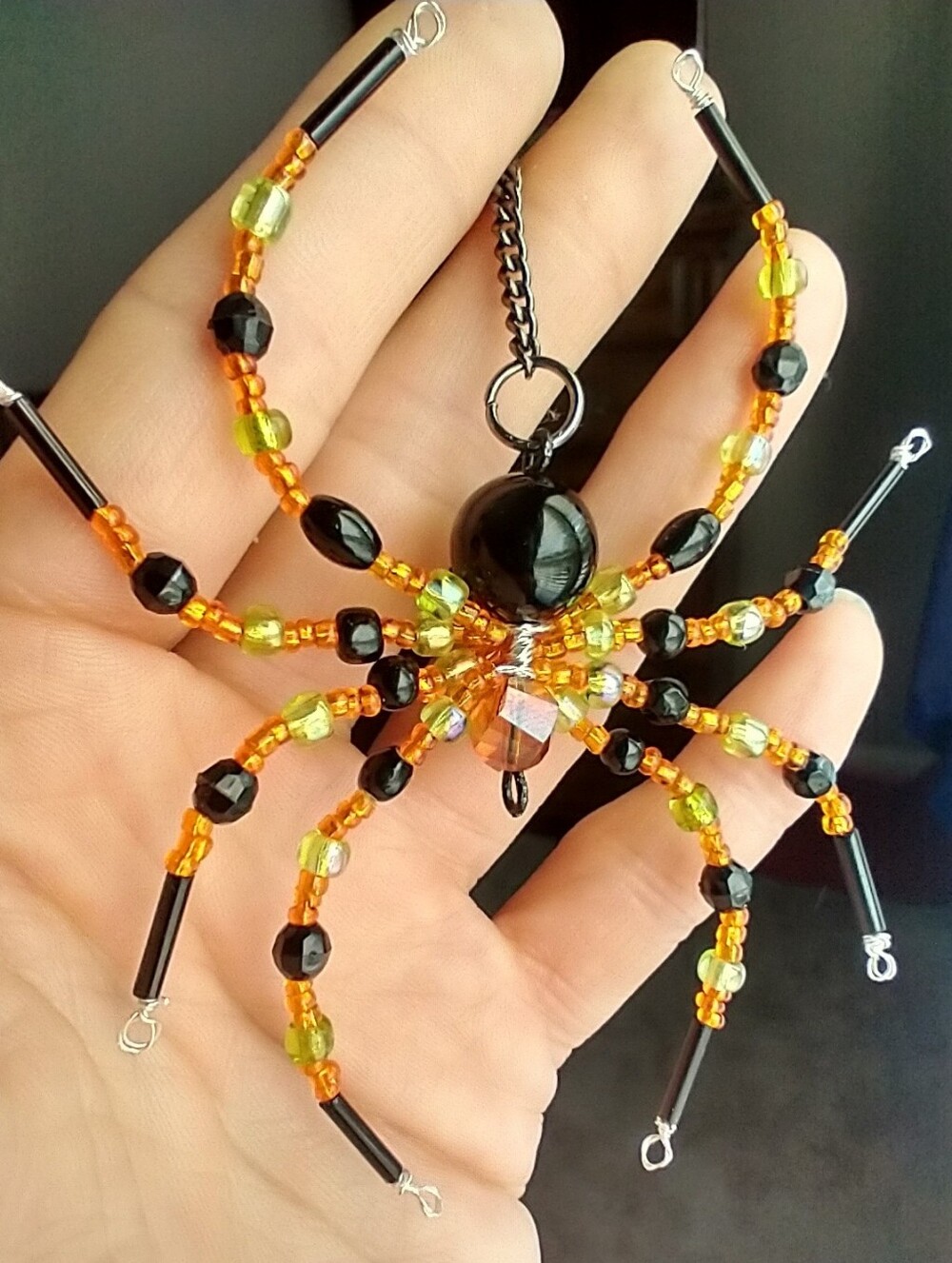 Handcrafted Black, Orange, & Green Beaded Spider Necklace